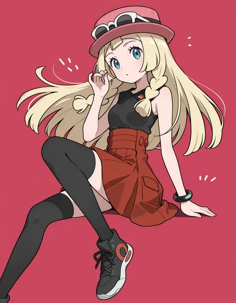 Lillie, blonde hair, long hair, blue eyes, seated. Dressed as Serena, sleeveless shirt, sleeveless black shirt, bracelet, high-waist skirt, red skirt, black thighhighs, sunglasses, pink hat, black sneakers.
