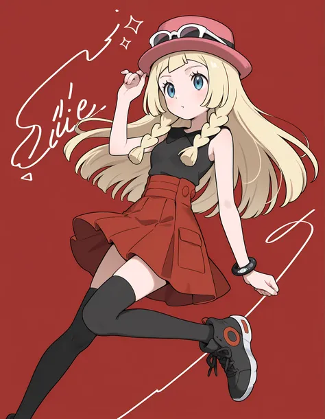 Lillie, blonde hair, long hair, blue eyes, seated. Dressed as Serena, sleeveless shirt, sleeveless black shirt, bracelet, high-waist skirt, red skirt, black thighhighs, sunglasses, pink hat, black sneakers.