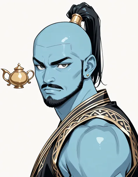 sideview,solo,man,Bald,(black high ponytail),Man, handsome face,man's eyes, Piercings, Arabian fashion, stylish genie,man's nose,flat eyes, thick eyebrows,(small mustache,beard), genie of the lamp, blue skin,muscular, vest, bare skin,(lineart),sketch,slam ...
