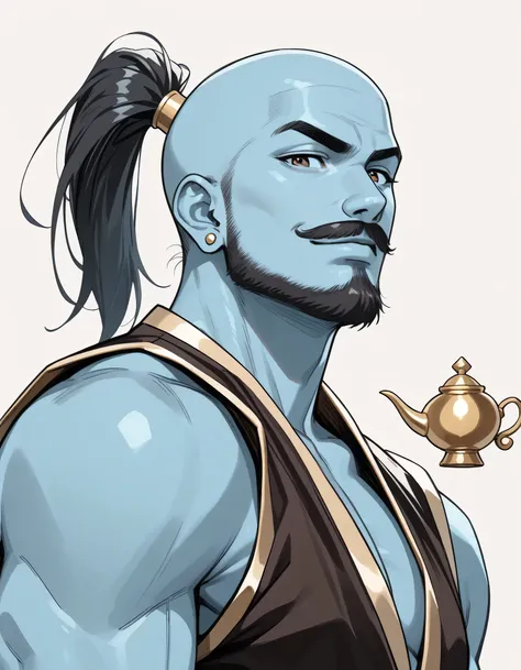 sideview,solo,man,Bald,(black high ponytail),Man, handsome face,man's eyes, Piercings, Arabian fashion, stylish genie,man's nose,flat eyes, thick eyebrows,(small mustache,beard), genie of the lamp, blue skin,muscular, vest, bare skin,(lineart),sketch,slam ...