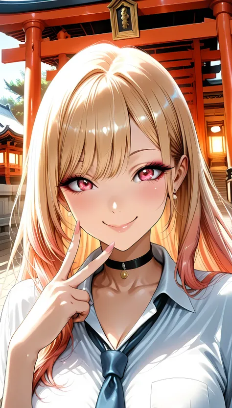Gal, GAL, sexy, kitagawa marin, sono bisque doll wa koi wo suru, young beautiful woman, アニメBeautiful girl, ( historic building, Shrine background, In the precincts of Torii, God&#39;s Domain), school uniform, necktie, Smile Yan:1.2, Saggy Eyes, (commemorat...