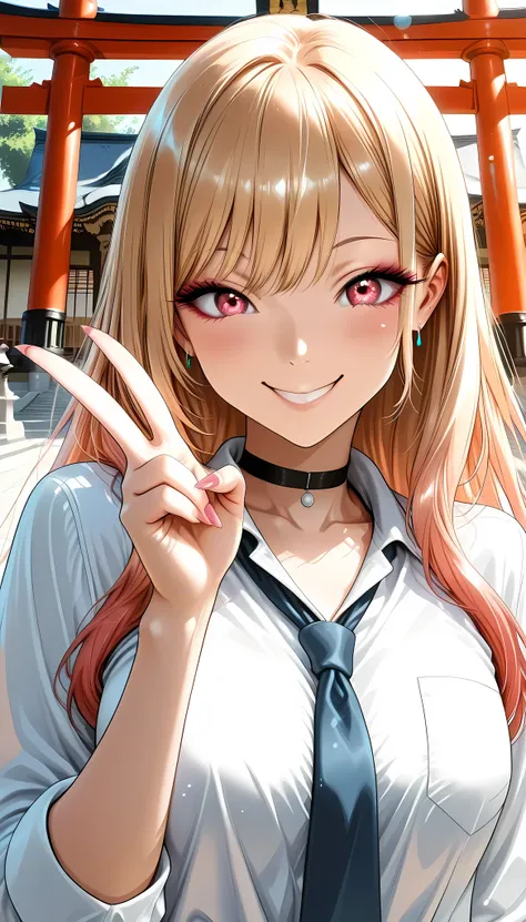 Gal, GAL, sexy, kitagawa marin, sono bisque doll wa koi wo suru, young beautiful woman, アニメBeautiful girl, ( historic building, Shrine background, In the precincts of Torii, God&#39;s Domain), school uniform, necktie, Smile Yan:1.2, Saggy Eyes, (commemorat...