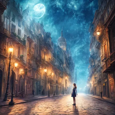a girl standing in the middle of the night. The scene conveys a sense of fantasy, with rich tones and refined details. The background presents a fusion of soft and luminous colors. The art style is detailed and refined, with subtle contours and immersive l...