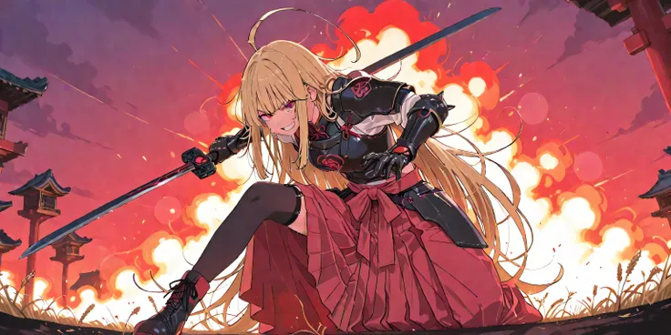 masterpiece , top quality , very beautiful　, 壁紙 4kAnime　（（（Anatomically Correct 5 Fingers）））　((((solo))))　Anime　　Japanese　Shrine maiden　absurdly long hair　messy hair　Blonde　ahoge　sidelocks　　　black gauntlet　shoulder out　　袖無し赤Shrine maiden服　Black Sword　Black...