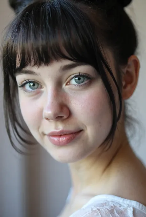 Best quality, RAW image, beautiful  slavic girl. She sitting on a bench in a empty classroom, bun with bangs hairstyle,black-color hair,  ,blue eyes,pale skin , she dressed in a revealing , transparent sheer top, Canon EOS 1100D, 85mm lens, f/1.8, bokeh, s...