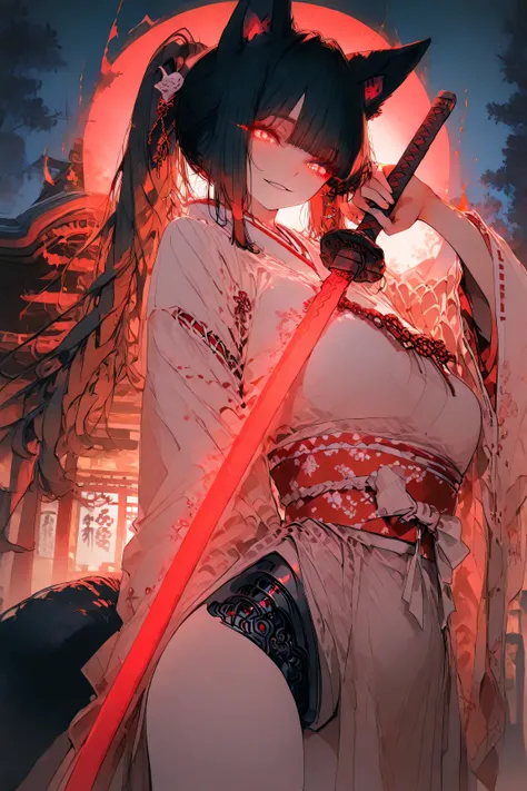 Cyber shrine maiden, partially mechanical body, long black hair, ponytail, hair tips deep red, fox ears, black fox tail, drooping eyes in deep red, eerie smile, tall, cute, anime style, action pose with long sword, night shrine background, character lookin...