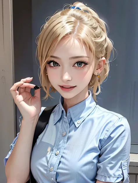 {{masterpiece:1.2}}, {{1woman}}, ((pov)), ((portrait)), ((standing)), ((entrance to the condominium)), ((hand up)), 21 years old, ((Gal)), ((blonde hair, short hair)), ((ponytail_weave_Hairstyles)), ((school uniform, light blue shirt)), ((smile)), ((open ...