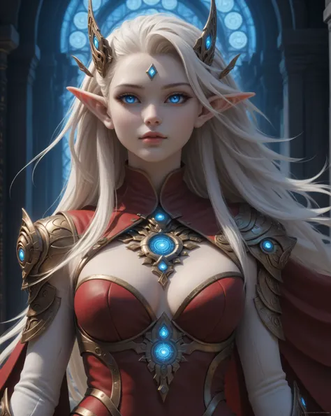 score_9, score_8_up, score_7_up, portrait of an elf maiden serving in a cyber futuristic elf temple (Masterpiece, best quality), ultra feminine, with a long curvy hair, light color hair, blue eyes, ((beautiful delicate face)), Ultra Detailed Face, red cloa...