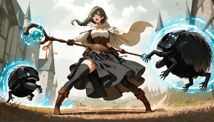 Masterpiece, 8k, fantasy world, female character, 1girl, high detailed cotton black dress shirt, (wind blows), silk long skirt, corset, glove, black thighhigh, boots, slender body, medium breasts, white long cloak with hoodie, one side braided long hairsty...