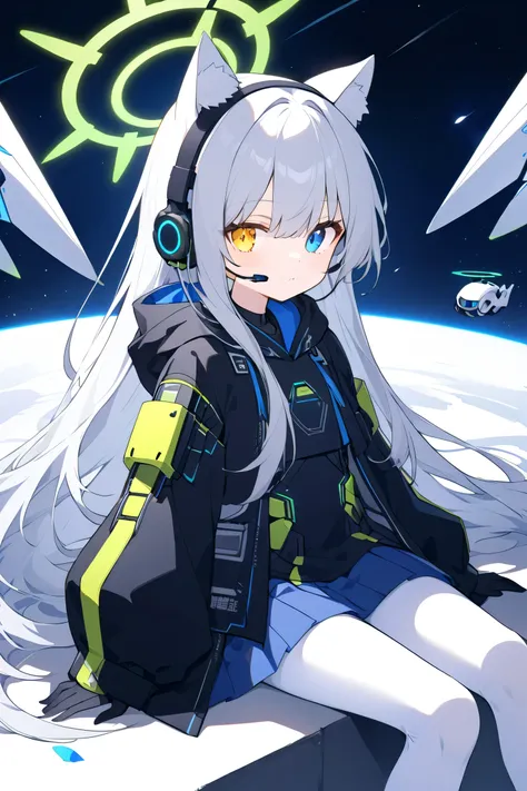 style_name,style_name,Japanese Anime,long hair,Silver Hair(尾部Luminescence( blue)),girl,white cat ears,Alone,Heterochromia(Left blue right yellow,Luminescence),headset with cat ears(Luminescence),flat chest, black hoodie( blue条纹), skirt,Black Robes, blue领带,...