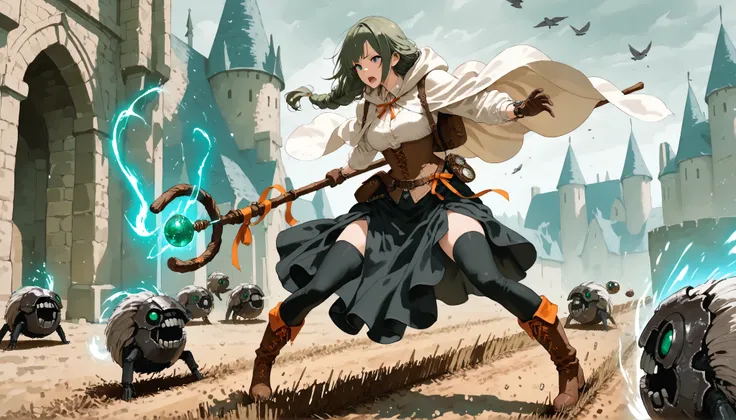 Masterpiece, 8k, fantasy world, female character, 1girl, high detailed cotton black dress shirt, (wind blows), silk long skirt, corset, glove, black thighhigh, boots, slender body, medium breasts, white long cloak with hoodie, one side braided long hairsty...