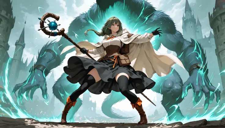 Masterpiece, 8k, fantasy world, female character, 1girl, high detailed cotton black dress shirt, (wind blows), silk long skirt, corset, glove, black thighhigh, boots, slender body, medium breasts, white long cloak with hoodie, one side braided long hairsty...