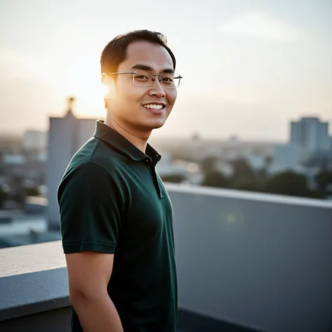 photo of felix, a man with glasses and short hair, standing confidently on a rooftop ledge with the cityscape stretching behind him. He wears a dark green polo shirt and smiles subtly at the camera. The sun shines on his left shoulder and glows through his...