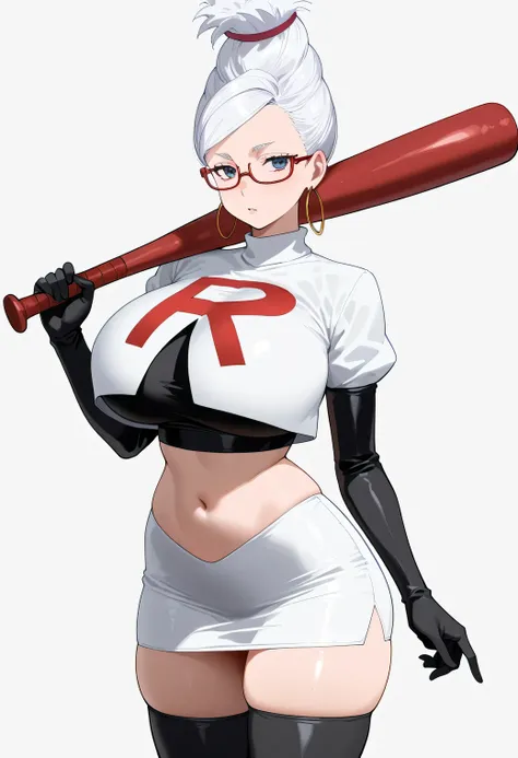 (masterpiece) ,best quality,amazing quality,very aesthetic,absurdres,newest, Seiko Ayase (Dandadan), team rocket,team rocket uniform,white skirt,red letter R,crop top,black thigh-highs,black elbow gloves, 1girl,mature female,seiko_wz, white hair, hair up, ...