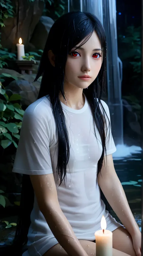 1girl, solo,hikari uchiha,black hair,very long hair,outdoors,potrait,(white t-shirt:1.5),small breast,black eyes,forest,(dark night:1.5),red eyes,waterfall background,(sitting under waterfall:1.5),(close up:1.3),(front view), looking at viewer,(wet body:1....