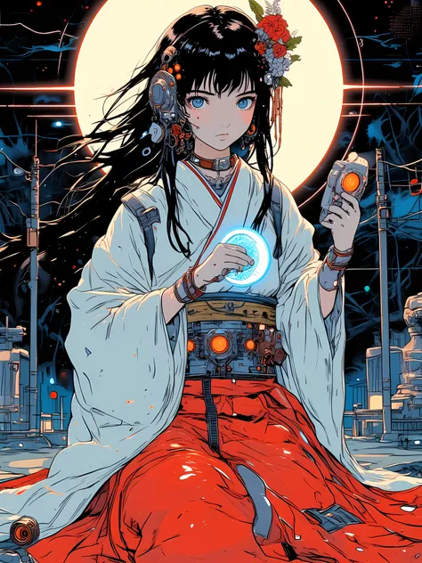 is a perfect fusion of ancient beliefs and high technology: , and the left eye has been replaced with a precise mechanical prosthetic eye,adds elements of future technology。The image of a cyber shrine maiden,around her waist with a translucent digital amul...
