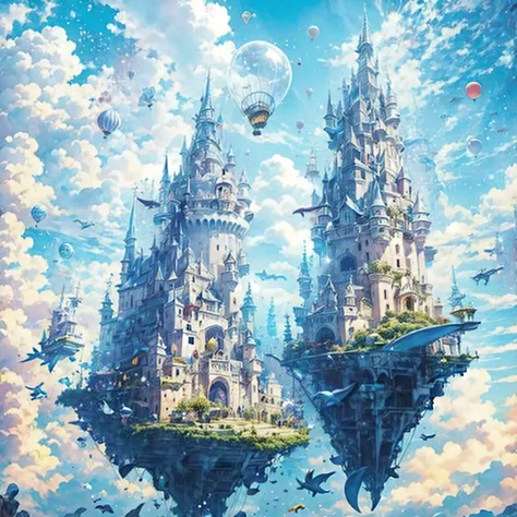  Fance, medieval castle, floating in the sky, Flying Castle, Canon, propeller, balloon, Blue Sky, best quality, masterpiece, dolphin
