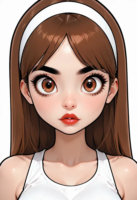 perfect face, straight hair, lightest brown hair, (((white headband))), black eyebrows, thick eyebrows, black eyeliners, big eyes, (((brown eyes))), bright red lips, thick lips, beautiful woman, white tank top, medium breasts