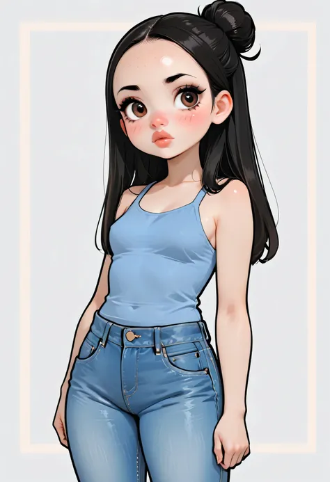 1girl, black hair, bun low hair, (forehead), black thin eyebrows, big brown eyes, black eyeliners, blush, nose, thick lips, beautiful girl, small breasts, blue tank top, blue jeans, ((standing))