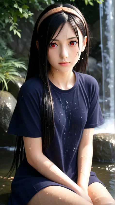 1girl, solo,hikari uchiha,black hair,long hair,outdoors,potrait,wear white t-shirt,small breast,black eyes,forest,bronze hairband,sunrise,red eyes,waterfall background,(sitting under waterfall:1.5),(close up:1.3),(front view), looking at viewer,(wet body:1...