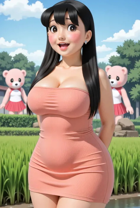 BURSTING BREASTS front posing, ("Facial expression in Happy big Orgasm"), Both hands lying behind the back, (photorealistic:1.6) ((Indonesian hijab)), background rice paddy. daytime atmosphere, (((please don't showing any finger!!!))), (BARING DIATAS TIGA ...