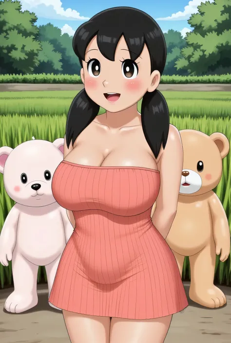 BURSTING BREASTS front posing, ("Facial expression in Happy big Orgasm"), Both hands lying behind the back, (photorealistic:1.6) ((Indonesian hijab)), background rice paddy. daytime atmosphere, (((please don't showing any finger!!!))), (BARING DIATAS TIGA ...