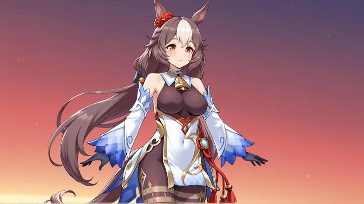 yamanin zephyr（Uma Musume）, Uma Musume, solo, [top quality], [Super beautiful CG], [Highly Detailed CG], [Super Detailed], [CG illustration], [high resolution], [extremely delicate and beautiful],  very detailed skin, Medium Breasts,  genshin ganyu cosplay...