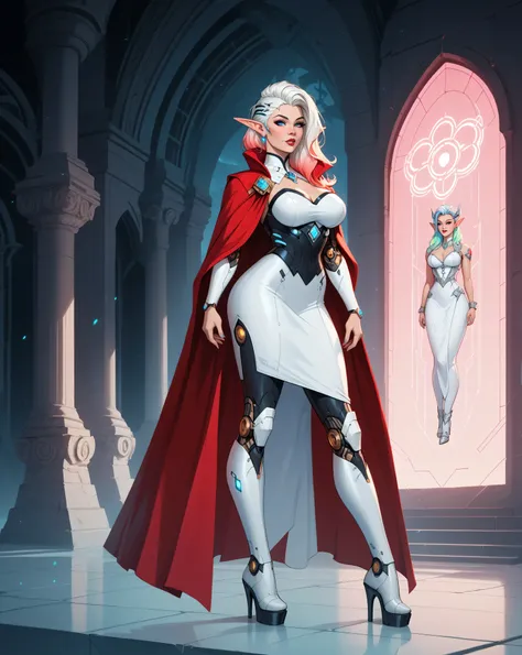 score_9, score_8_up, score_7_up, portrait of an elf maiden serving in a cyber futuristic temple (Masterpiece, best quality), ultra feminine, with a long curvy hair, light color hair, blue eyes, ((beautiful delicate face)), Ultra Detailed Face, red cloak, w...