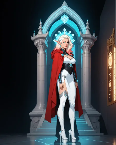 score_9, score_8_up, score_7_up, portrait of an elf maiden serving in a cyber futuristic temple (Masterpiece, best quality), ultra feminine, with a long curvy hair, light color hair, blue eyes, ((beautiful delicate face)), Ultra Detailed Face, red cloak, w...