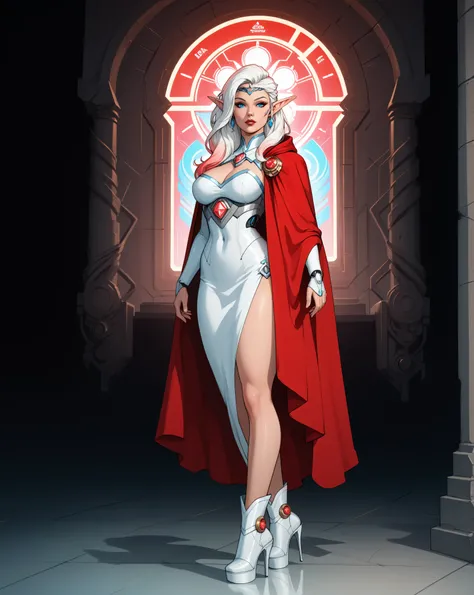 score_9, score_8_up, score_7_up, portrait of an elf maiden serving in a cyber futuristic temple (Masterpiece, best quality), ultra feminine, with a long curvy hair, light color hair, blue eyes, ((beautiful delicate face)), Ultra Detailed Face, red cloak, w...