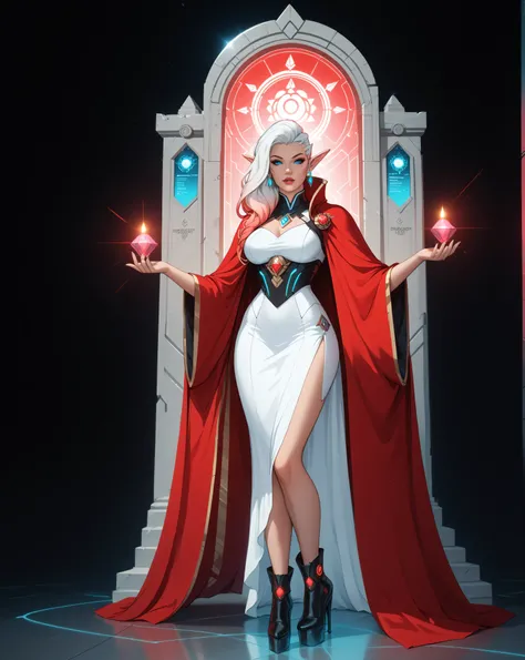 score_9, score_8_up, score_7_up, portrait of an elf maiden serving in a cyber futuristic temple (Masterpiece, best quality), ultra feminine, with a long curvy hair, light color hair, blue eyes, ((beautiful delicate face)), Ultra Detailed Face, red cloak, w...