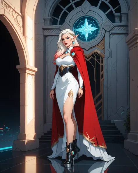 score_9, score_8_up, score_7_up, portrait of an elf maiden serving in a cyber futuristic temple (Masterpiece, best quality), ultra feminine, with a long curvy hair, light color hair, blue eyes, ((beautiful delicate face)), Ultra Detailed Face, red cloak, w...
