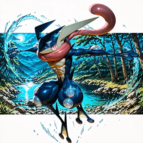 solo, full body, from front, jumping, BREAK (Greninja(Pokémon)), Pokémon(creature), greninja_default, BREAK big eyes, round eyes, slant eyes, clear and beautiful eyes, reddish pink eyes, looking at viewer, smile, BREAK Huge and strong body of overwhelming ...
