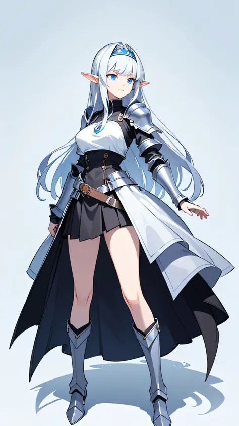 masterpiece, top quality ,(( tall,Elf,skinny woman,Standing picture)) ,(((full body))) big boobs,slant eyes,perfect dark blue eyes , (( long silver hair,long mid-length bangs)), ((Princess Knight Armor, black skirt with armor,black boots with armor,blue h...