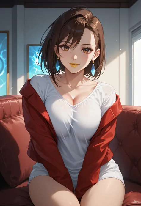 woman, large breasts, anime style, yellow lipstick, white skin, brown hair, focus on character, looking at viewer, reddish-brown eyes, red jacket, white blouse, cleavage, sensual smile, indoors, late afternoon lighting, side view, sensual pose, Momo Ayase ...