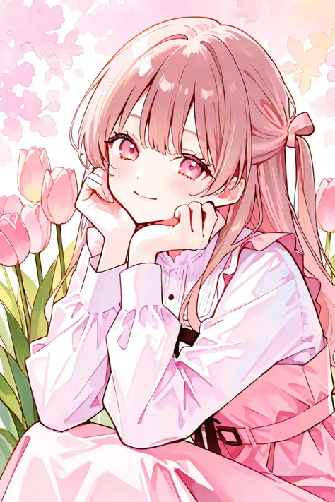 1 girl, まつげpastel colors,(watercolor:0.5)bright pink brown hair, pink brown eyes, long hair, Half Up, Smile Yan, Long Sleeve Dress , upper body, tulips in a row, pastel colors, beautiful background, squatting,