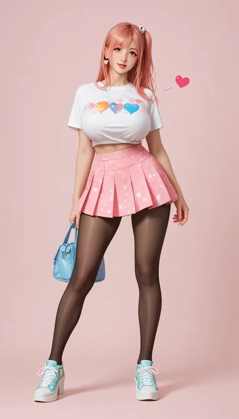 Japanese beautiful girl,   huge breasts, ，乳沟，低胸, ,earrings,, abstract background, colorful background，long legs, pantyhose, sneakers, riding a bike
 playfully, , many little hearts, honoka, pink hair，  She winked with one eye, and made a playful expression...