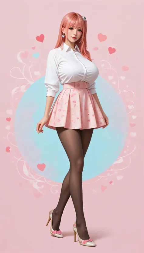 Japanese beautiful girl,   huge breasts, ，乳沟，低胸, ,earrings,, abstract background, colorful background，long legs, pantyhose, 
 playfully, , many little hearts, honoka, pink hair，  her massive breasts,  mini skirt, standing, high heels


