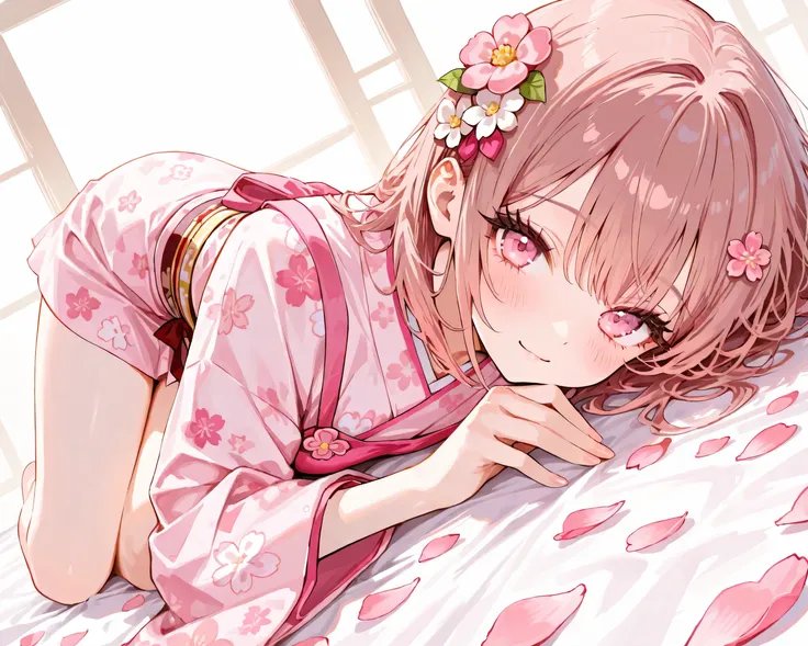 masterpiece,top quality,,8k,Lashes, Pink brown hair, Flower Hair Ornament, cute girl, Popular clothes, dynamic angle, scattered petal, wave to us