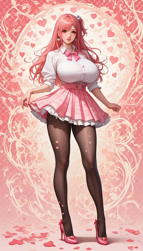 Japanese beautiful girl,   huge breasts, ，乳沟，低胸, ,earrings,, abstract background, colorful background，long legs, pantyhose, 
 playfully, , many little hearts, honoka, pink hair，  her massive breasts,  mini skirt, standing, high heels


