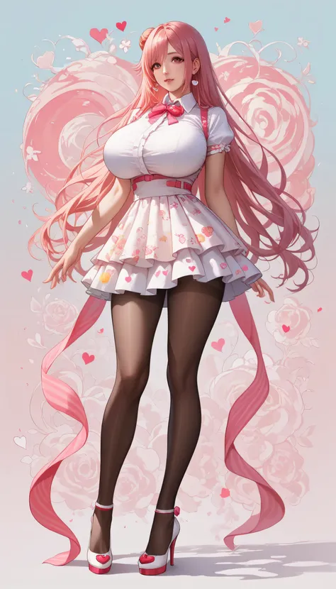 Japanese beautiful girl,   huge breasts, ，乳沟，低胸, ,earrings,, abstract background, colorful background，long legs, pantyhose, 
 playfully, , many little hearts, honoka, pink hair，  her massive breasts,  mini skirt, standing, high heels


