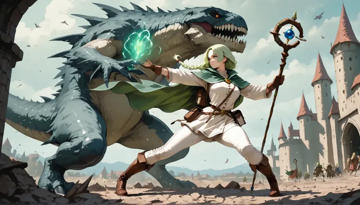 Masterpiece, 8k, fantasy world, female character, 1girl, high detailed white tunic with many buttons, wide white pants, (wind blows), glove, high cut leather boots, slender body, medium breasts, green cape, golden brooch, long wavy light green hair, braide...