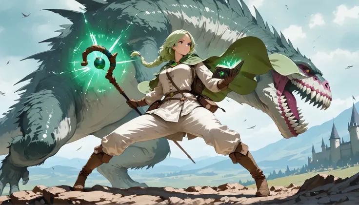 Masterpiece, 8k, fantasy world, female character, 1girl, high detailed white tunic with many buttons, wide white pants, (wind blows), glove, boots, slender body, medium breasts, green cape, golden brooch, long wavy light green hair, braided twin tail, part...