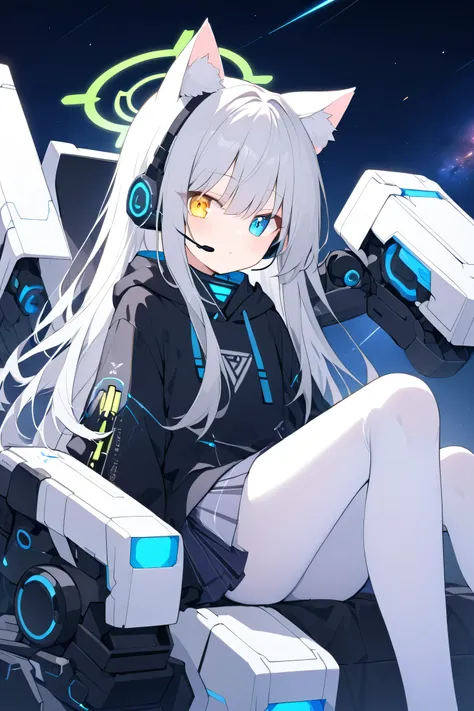 style_name,style_name,Japanese Anime,long hair,Silver Hair(尾部Luminescence( blue)),girl,white cat ears,Alone,Heterochromia(Left blue right yellow,Luminescence),headset with cat ears(Luminescence),flat chest, black hoodie( blue条纹), skirt,Black Robes, blue领带,...