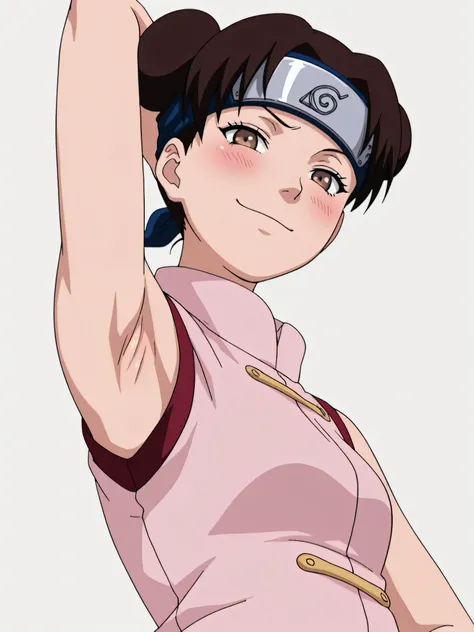 masterpiece, best quality, amazing quality, anime screencap, anime coloring, 1girl, solo, ytenten, brown eyes, brown hair, short hair, double bun, skinny , small breasts, forehead protector, konohagakure symbol, bare shoulders, sleeveless shirt, arm behind...