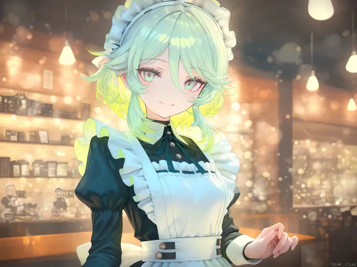 Girl, green hair, Maid Outfit, smiling, cafe, Indoor, details, Masterpiece, HDR, 4K Render, Studio Lighting, bright colors, bokeh effect, natural expression, delicate texture, Atmospheric, Calm Colors, Warm Lighting, charming, Atmospheric Effects, Artisti...