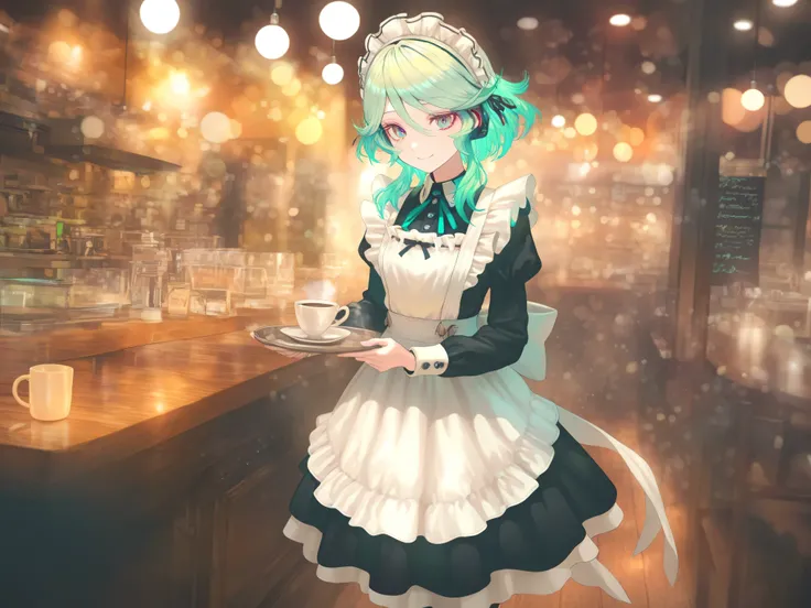 Girl, green hair, Maid Outfit, smiling, cafe, Indoor, details, Masterpiece, HDR, 4K Render, Studio Lighting, bright colors, bokeh effect, natural expression, delicate texture, Atmospheric, Calm Colors, Warm Lighting, charming, Atmospheric Effects, Artisti...