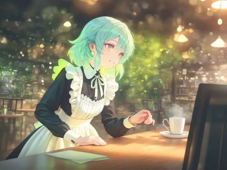 Girl, green hair, Maid Outfit, smiling, cafe, Indoor, details, Masterpiece, HDR, 4K Render, Studio Lighting, bright colors, bokeh effect, natural expression, delicate texture, Atmospheric, Calm Colors, Warm Lighting, charming, Atmospheric Effects, Artisti...