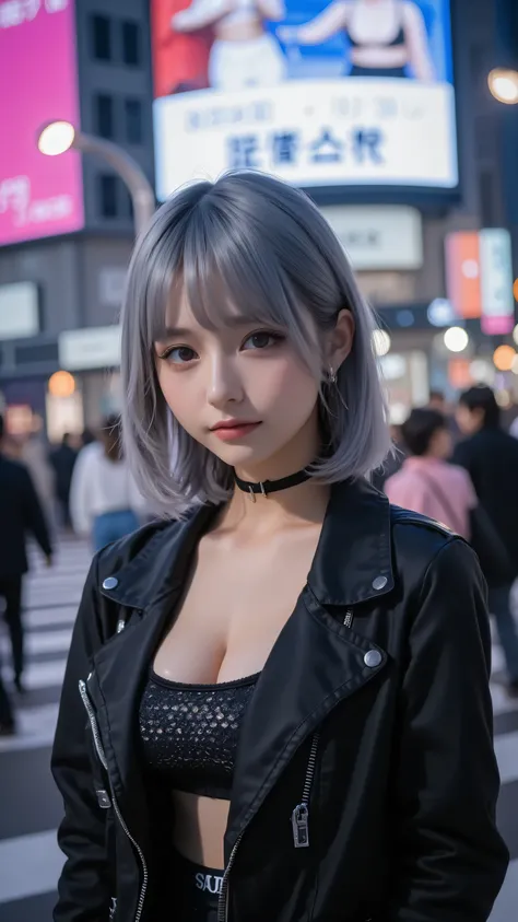standing under a neon billboard at Shibuya crossing, Short silver hair, makeup, a beautiful 20-year-old Japanese girl wearing a black jacket and waist-open tank top, big boobs, hands in pocket, The background is a dense crowd at an intersection and flashin...