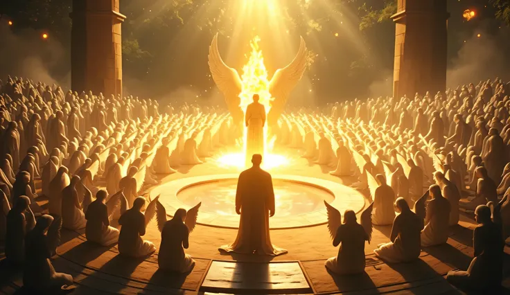 A sacred, celestial garden of Jannah seen from a divine angle. At the center, Adam (AS) stands with his back to the viewer, clothed in glowing robes of light, bathed in golden divine illumination. Surrounding him, countless massive angels — faceless, heads...